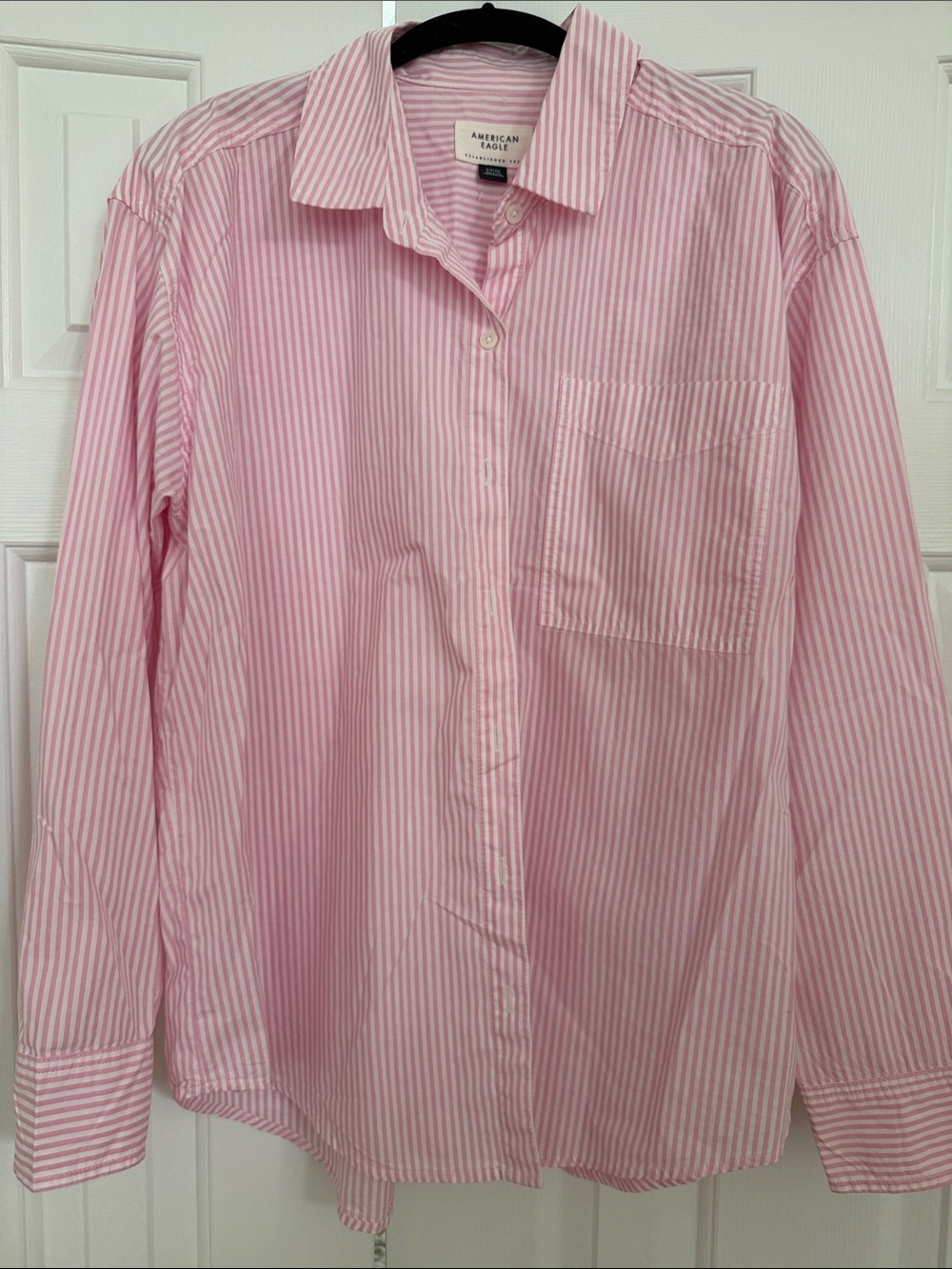 American Eagle Outfitters Pink and White Striped woman’s Button-Down Shirt